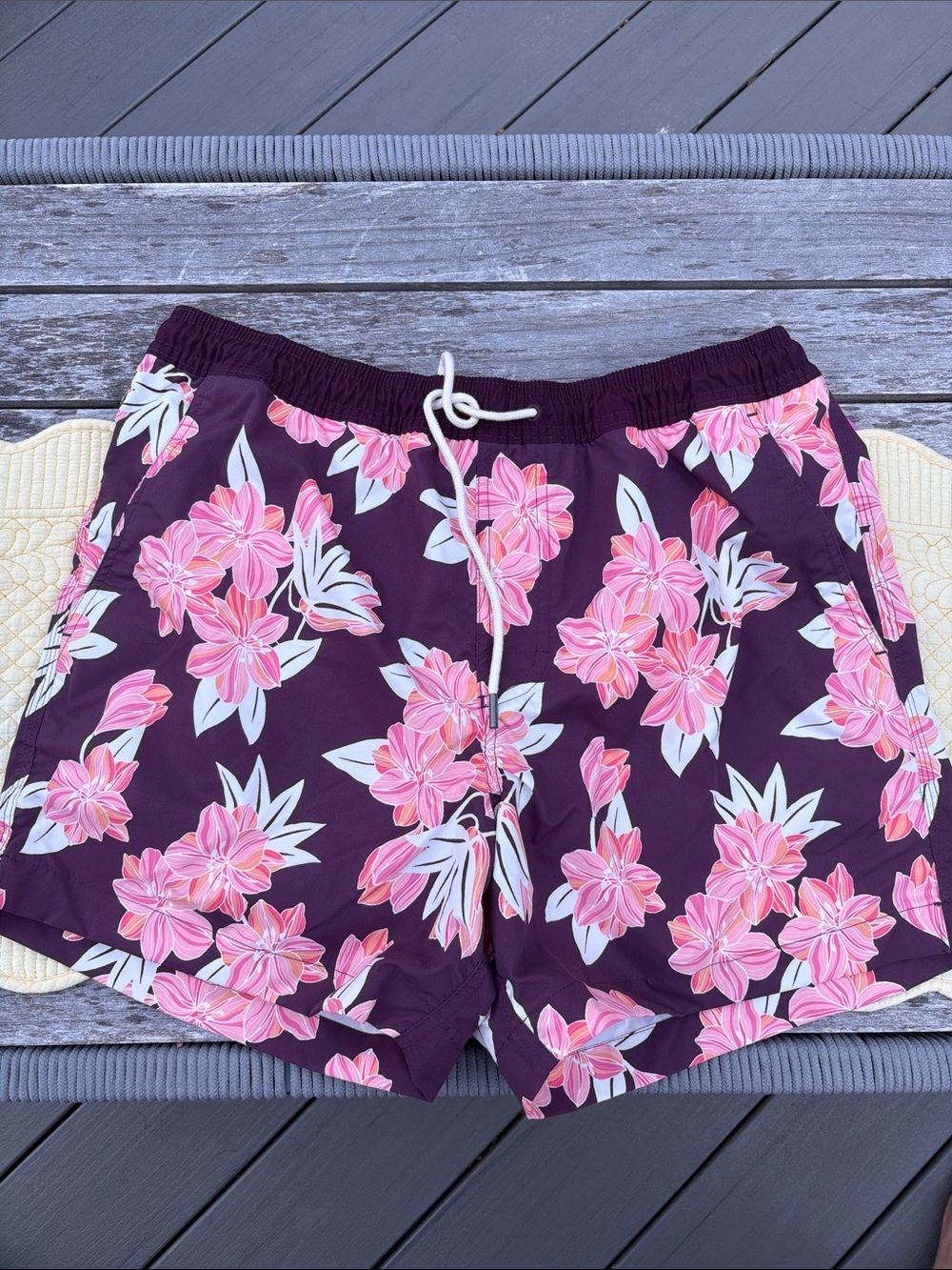 American Eagle Outfitters Plum Floral Swim Trunks - Pink & White Flowers